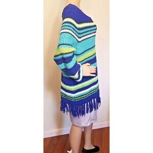 Ruby Rd. Favorites 2X Knit Sweater Top Pullover Striped Fringe Blue Green    H16